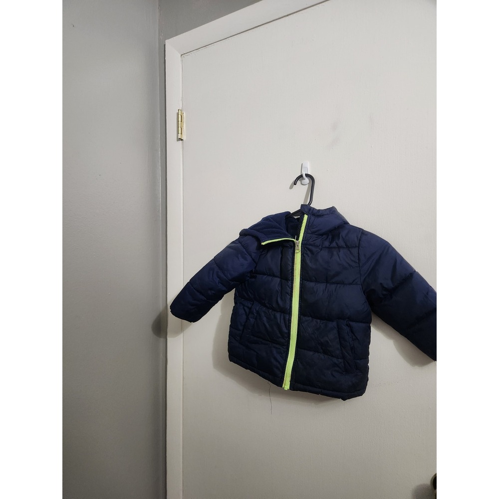 Wonder Nation Toddler Boys Navy Blue Puffer Jacket Neon Yellow Zip Hooded 2T